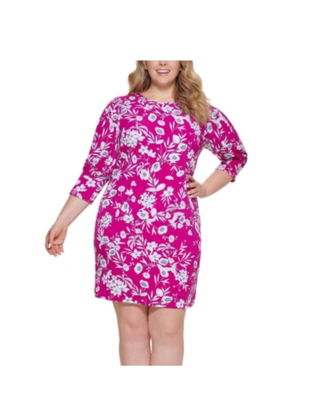 Jessica Howard Shift Dress Women's 14W Pink Floral 3/4 Sleeve Stretch Party Glam